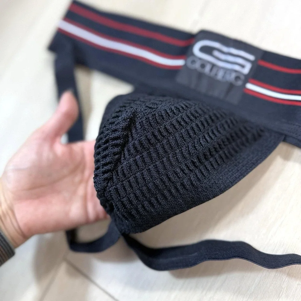 Golberg Men Athletic Supporter Jockstrap Black Mesh Pouch Striped Waistband L/XL